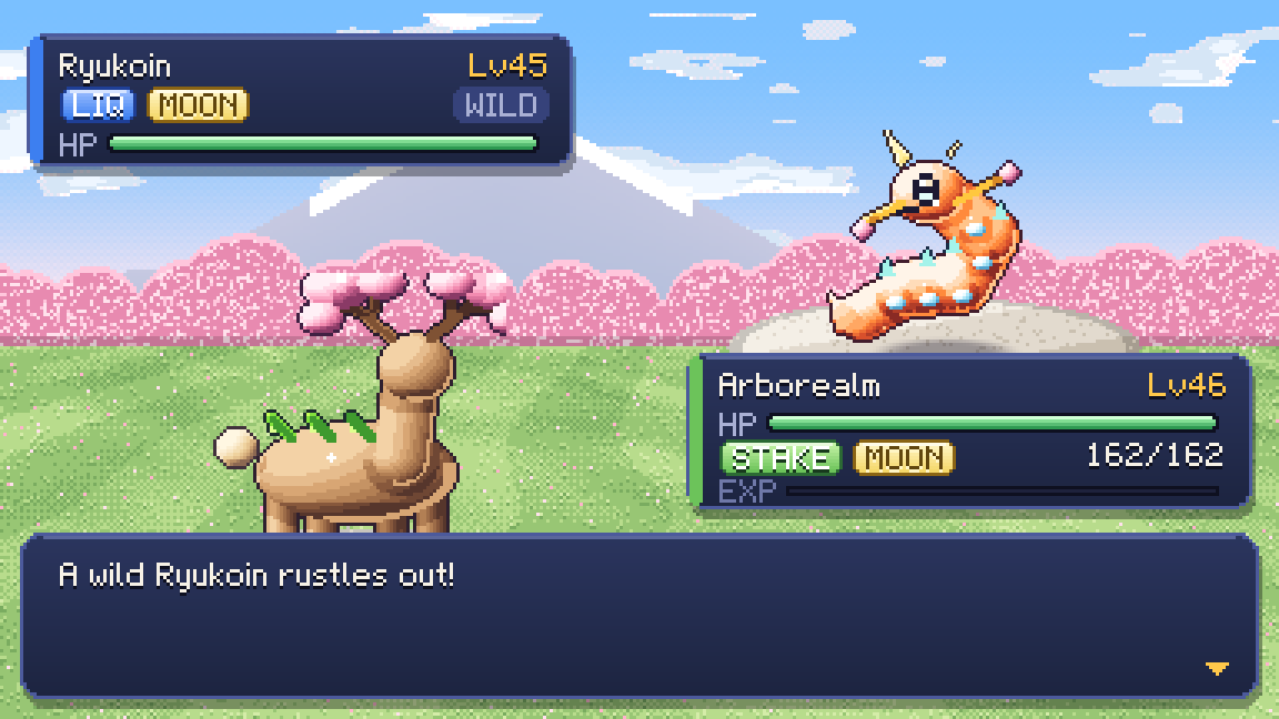 A wild Ryukoin, a LIQUID and MOON memeling, faces Arborealm in the blossom fields of Sakura Stake.