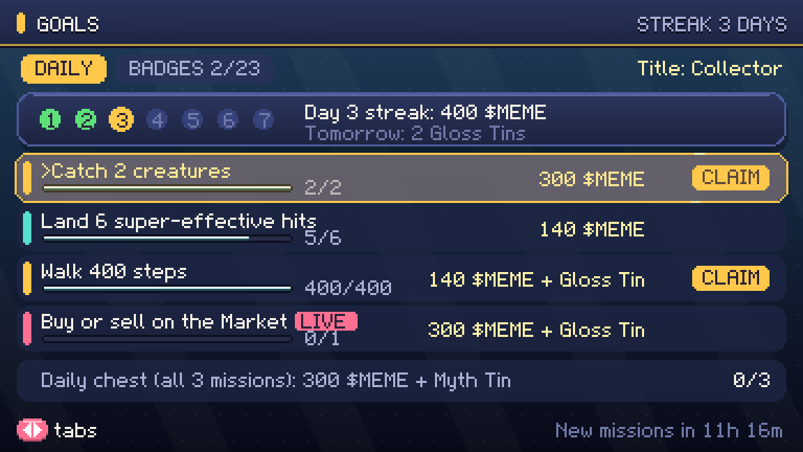 Daily missions and the login streak.