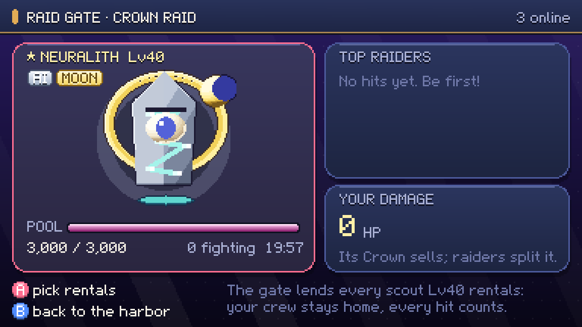 A Crown Raid: the legend Neuralith with a shared health bar of 3,000.