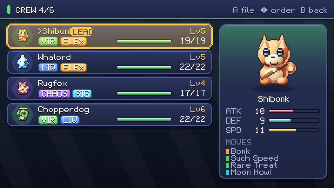 The crew screen with four memelings and their health.