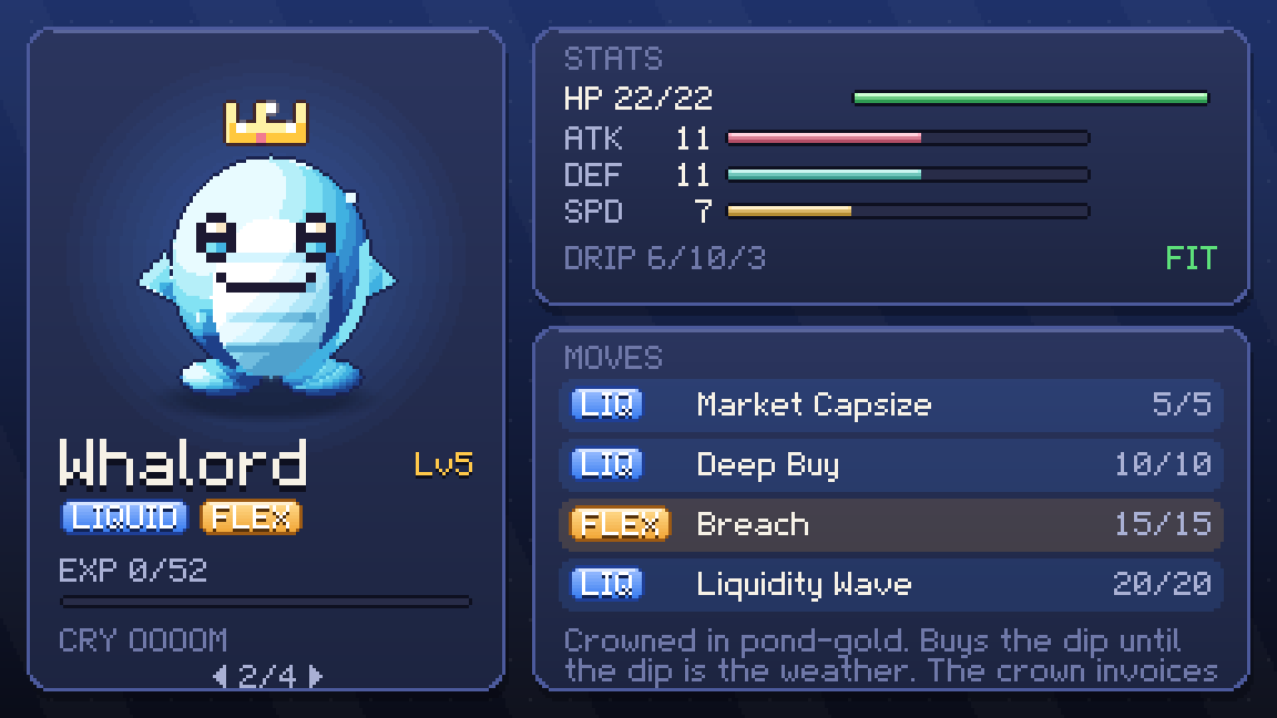 A memeling's summary with stats and moves.